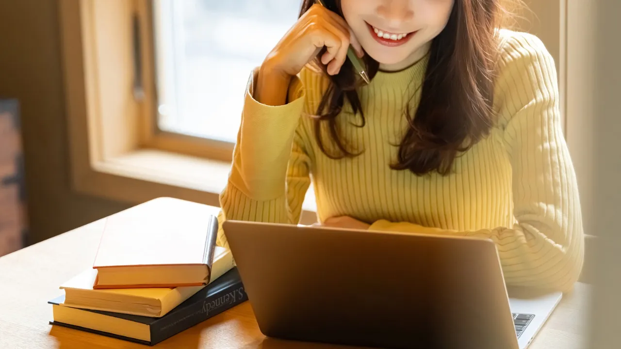 仕事の合間に婚活について調べる女性