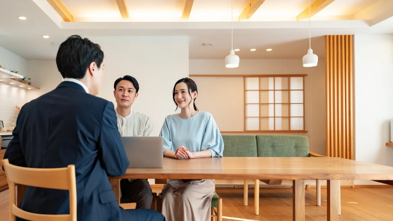 自宅で結婚後のお金や保険について相談する夫婦のイメージ