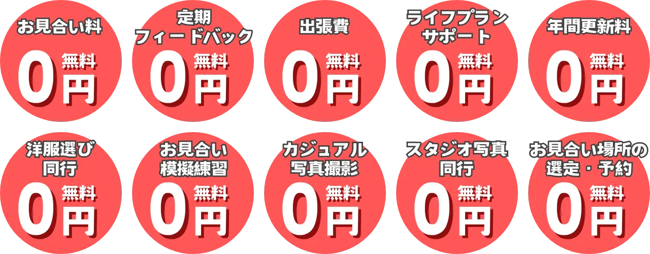 結婚相談所Sweet Colorの無料サポート一覧(お見合い料・出張費・洋服選び同行・カジュアル写真撮影・模擬練習など)