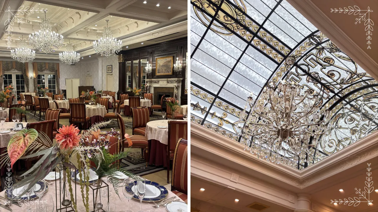 キャメロットヒルズの豪華なシャンデリアが輝く披露宴会場のテーブル装飾