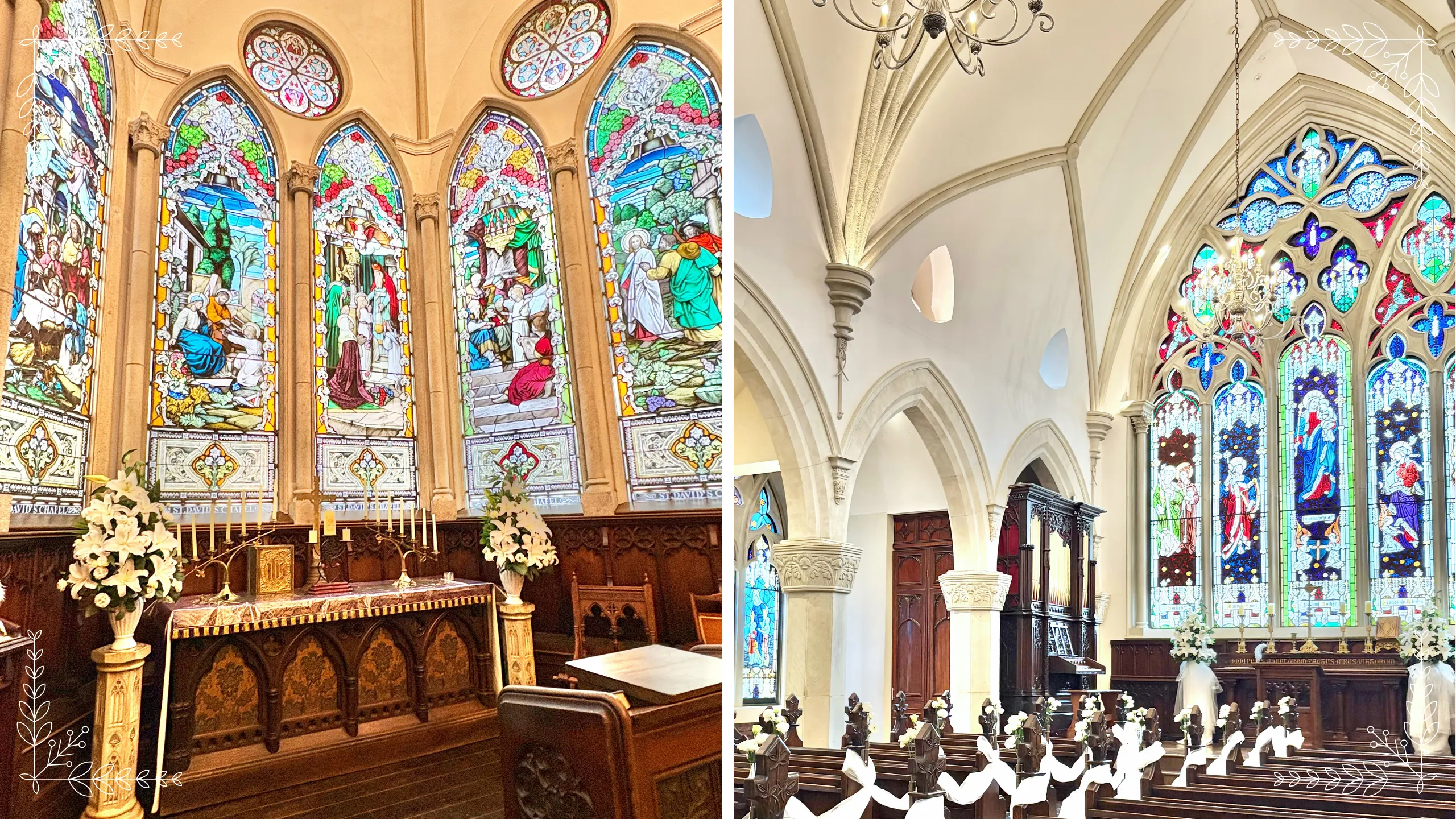 キャメロットヒルズのセントグラストンベリチャペルの美しいステンドグラス