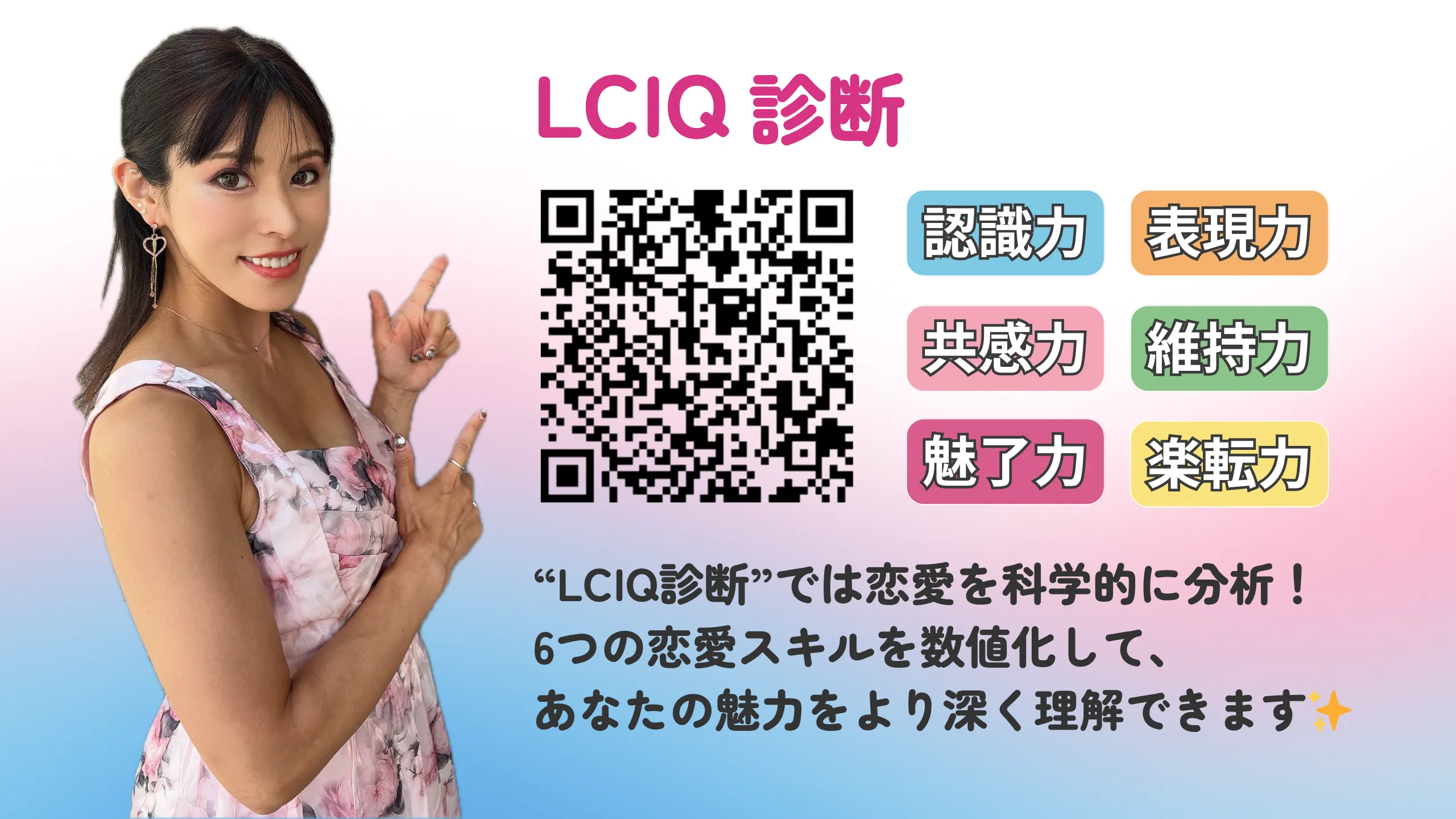 マリッジコンシェルジュSweet Colorの紅林ともえカウンセラーがLCIQ診断を紹介している画像。QRコード付きで案内。