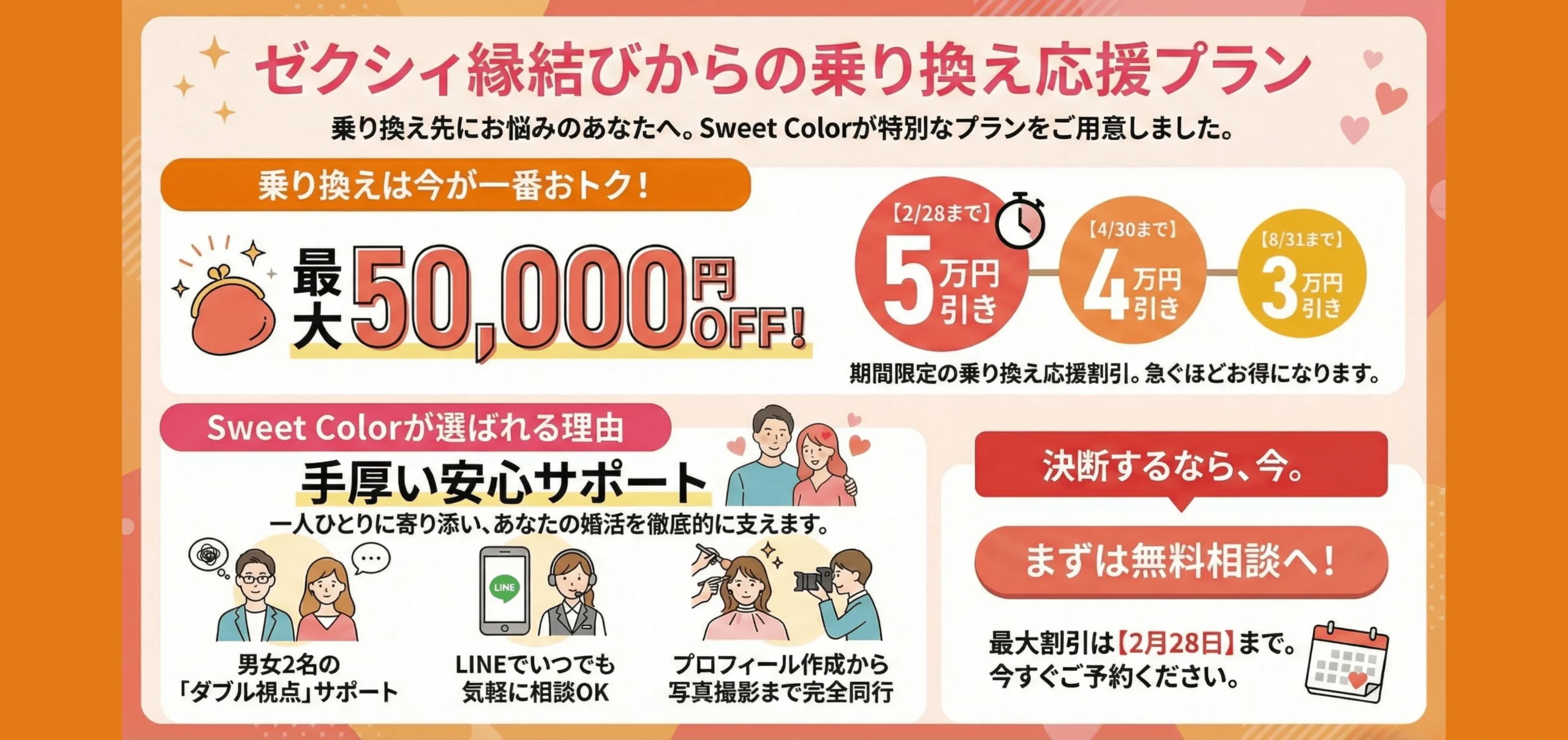 ゼクシィ縁結びエージェントからの乗り換え応援プラン。最大5万円割引と無料相談の案内。