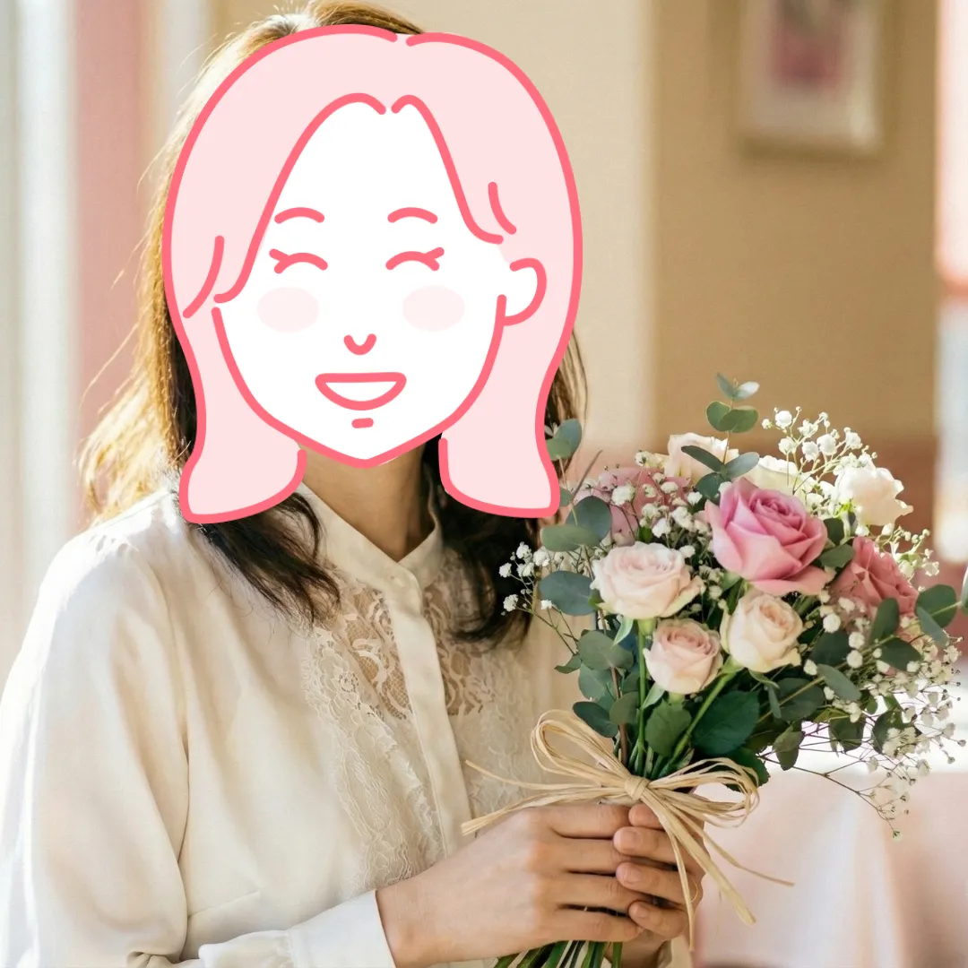 花束を手にした成婚会員様の記念写真｜結婚相談所Sweet Color