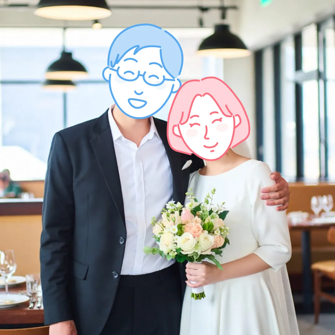 白い衣装とブーケで撮影した成婚カップルの記念写真｜結婚相談所Sweet Color
