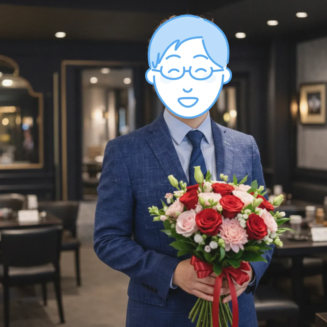 成婚お祝いの花束を手にした男性の記念写真｜結婚相談所Sweet Color